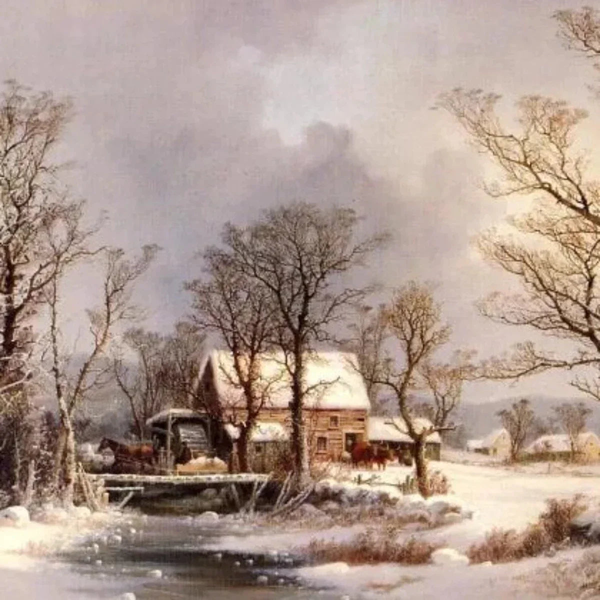 Winter op het platteland, de oude korenmolen - Vintage Olieverfschilderij