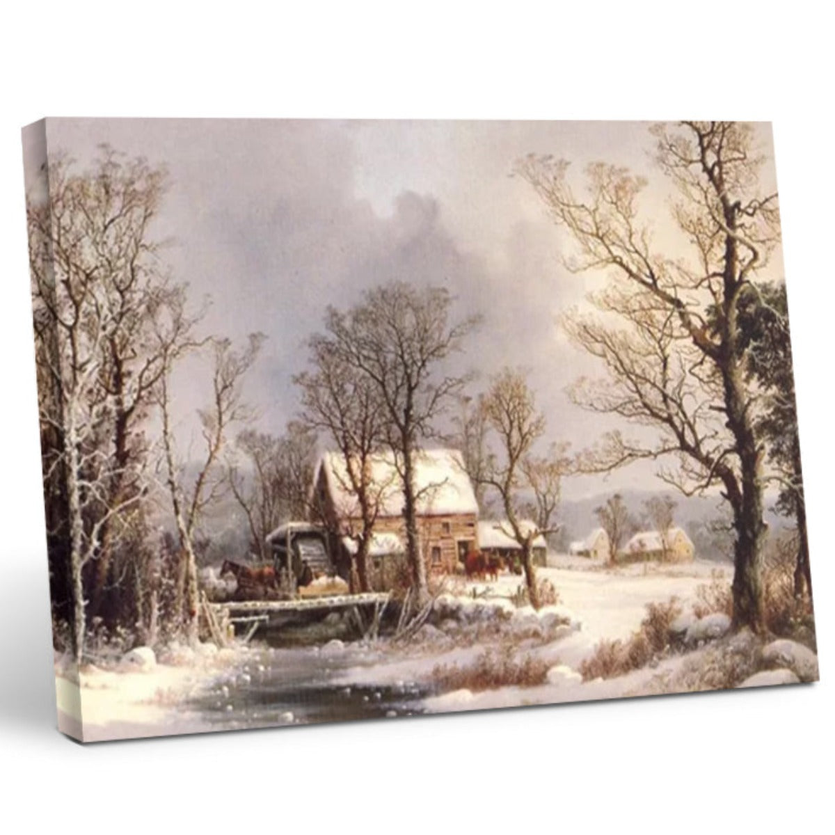 Winter op het platteland, de oude korenmolen - Vintage Olieverfschilderij